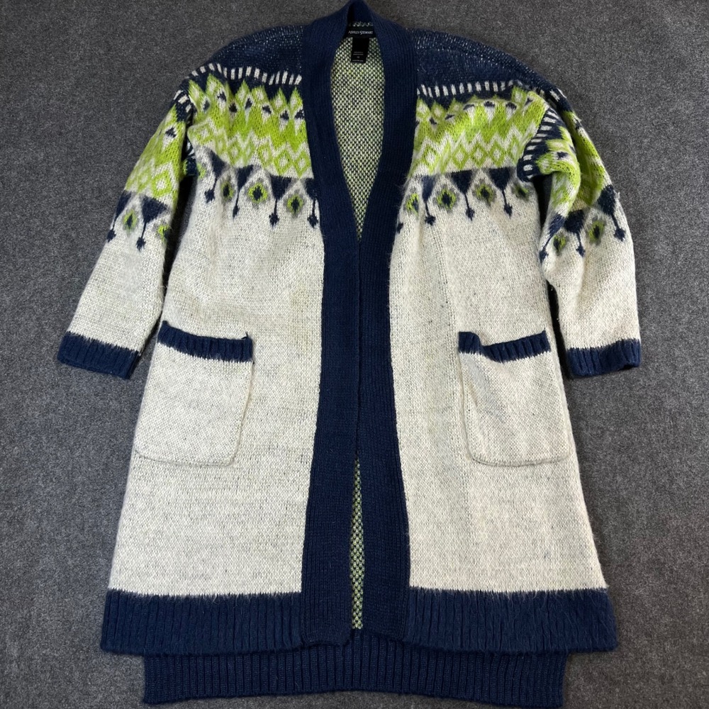 Ashley Stewart Womens 12 Longline Cardigan Open Front Fair Isle Green Navy Blue